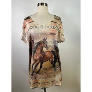 Big Bang Western Horse Print V-Neck Short Sleeve Tunic Top